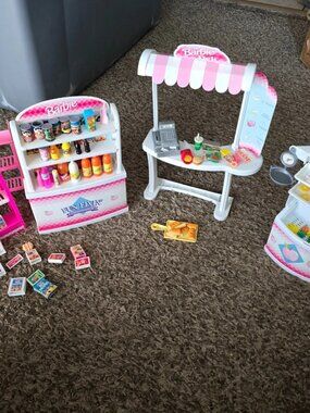 Barbie grocery store playset, checkout counter, shelves, cart, food accessories